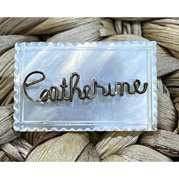 Vintage Jewelry - VTG Carved Mother of Pearl Shell Pin Brooch Gold Filled Wire Name Catherine